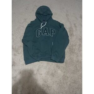 GAP Heavyweight Distressed Stitched Logo Hoodie Essex Green Size Large